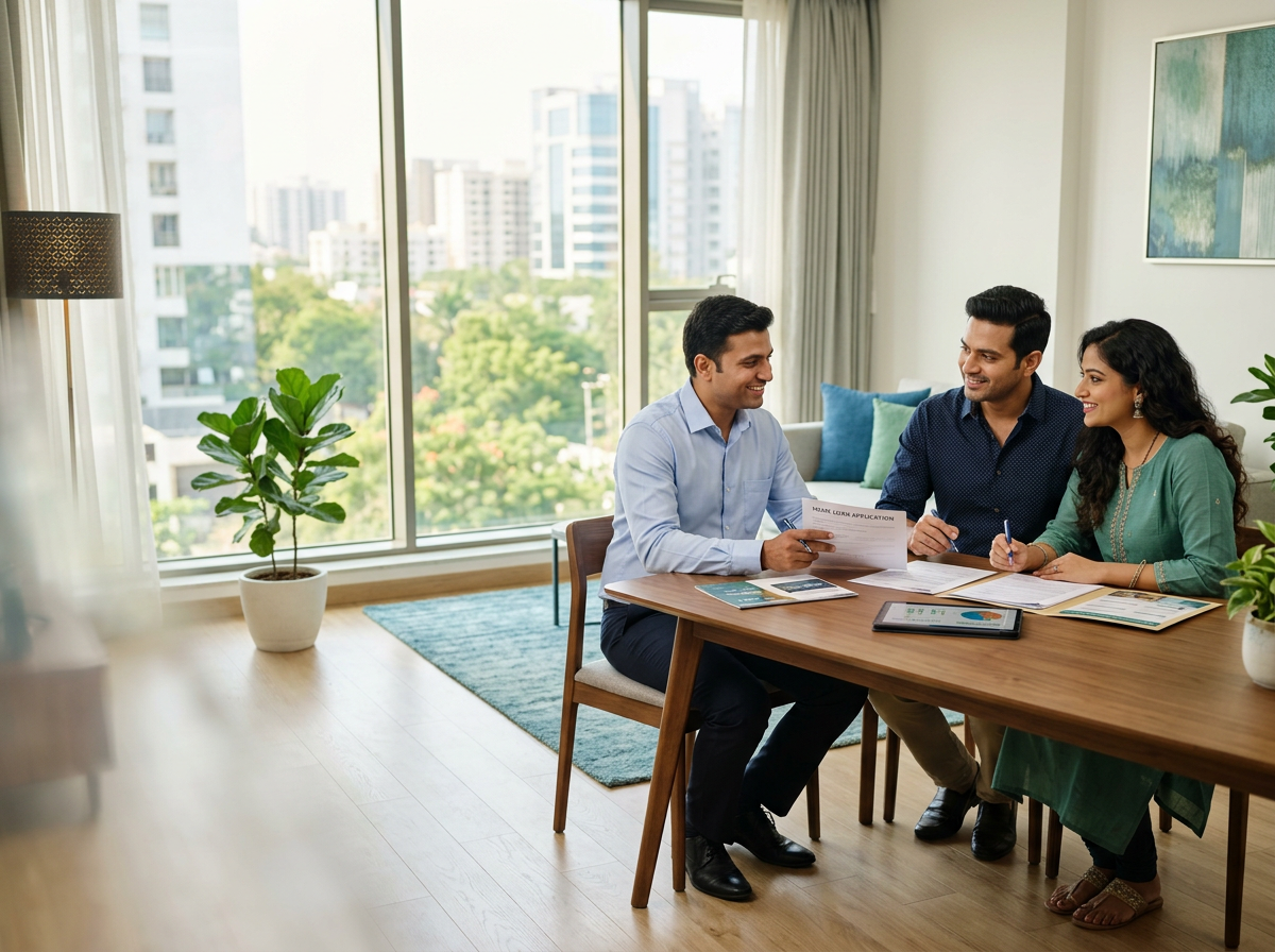 A couple reviewing their home loan with a financial advisor